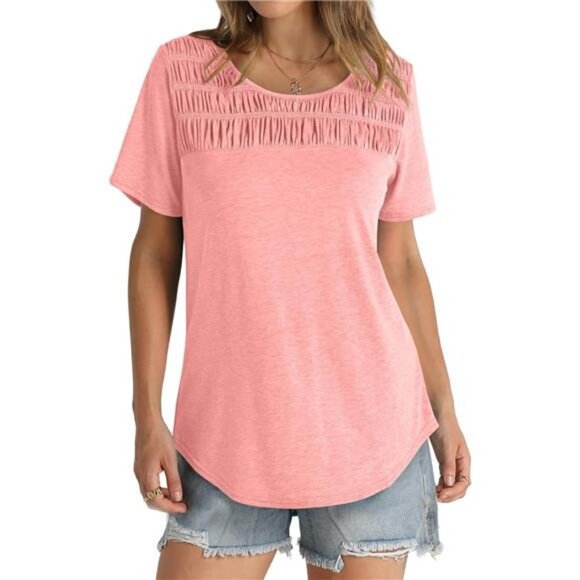 Women's Summer Tops 2025 Trendy Short Sleeve Shirts Smocked Crewneck Tee - Picture 2 of 5